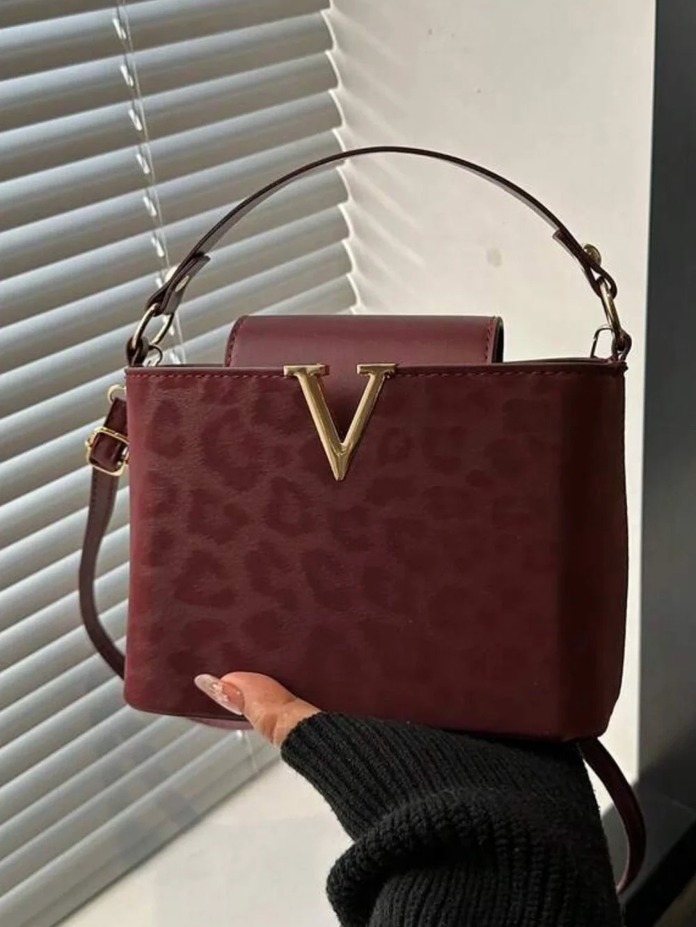 Gold-V Emblem Burgundy Leopard-Texture Satchel